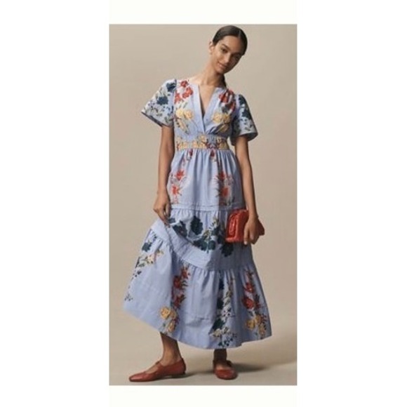 Anthropologie Dresses & Skirts - Anthropologie Somerset Maxi Dress Blue Floral Smocked Tiered Cotton XL New